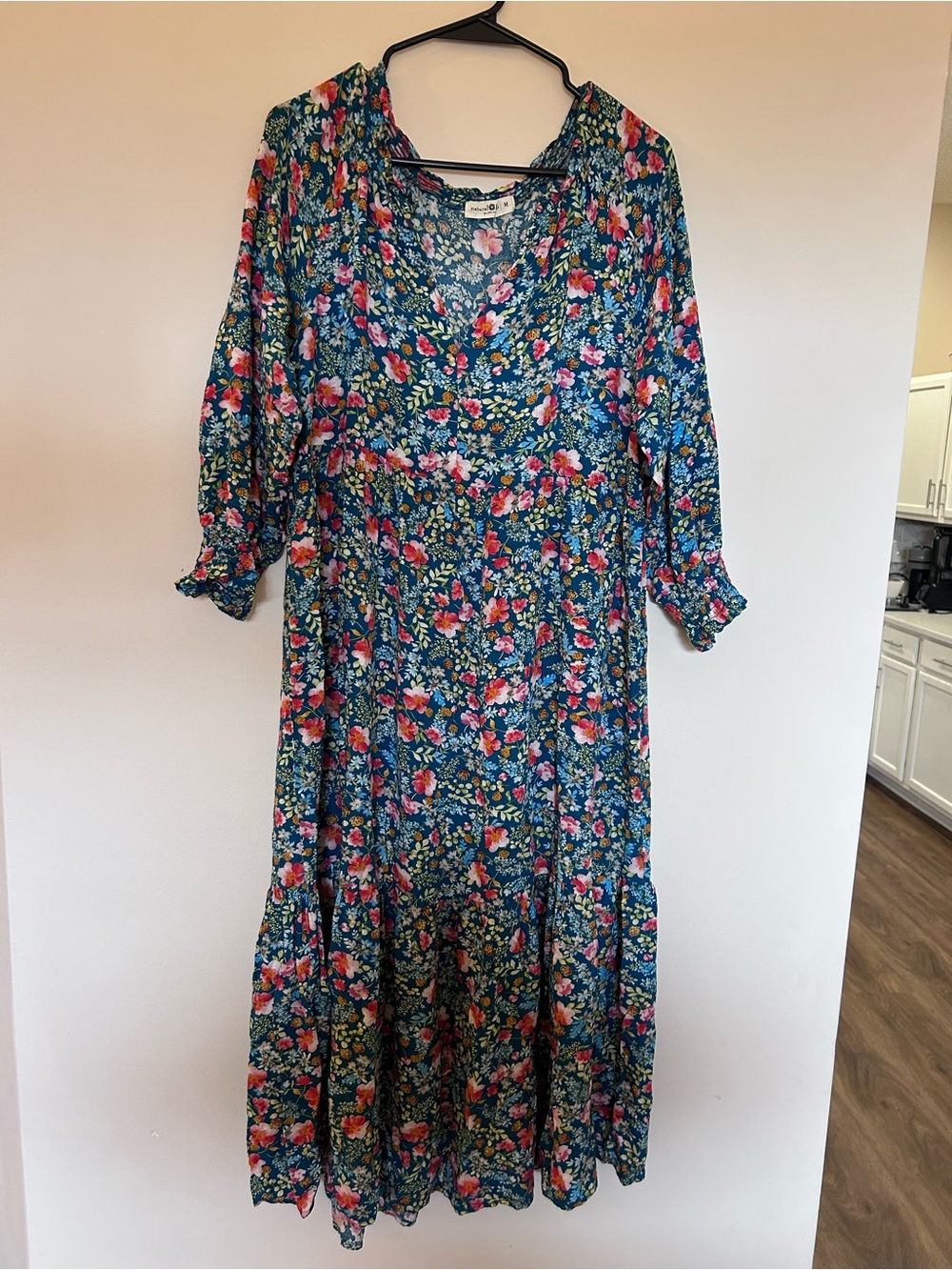 Natural Life Women's Teal Floral V-Neck Maxi Dress Boho Size M